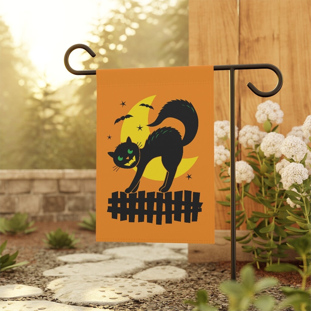 vintage halloween garden flag with black cat