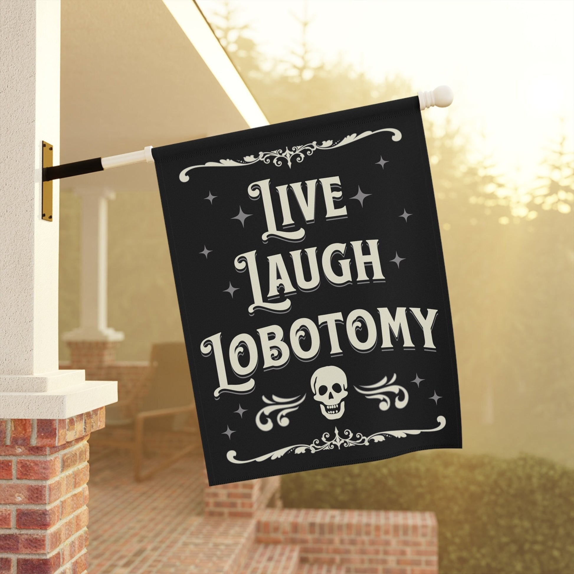 vintage halloween garden flag live laugh lobotomy gothic yard decor