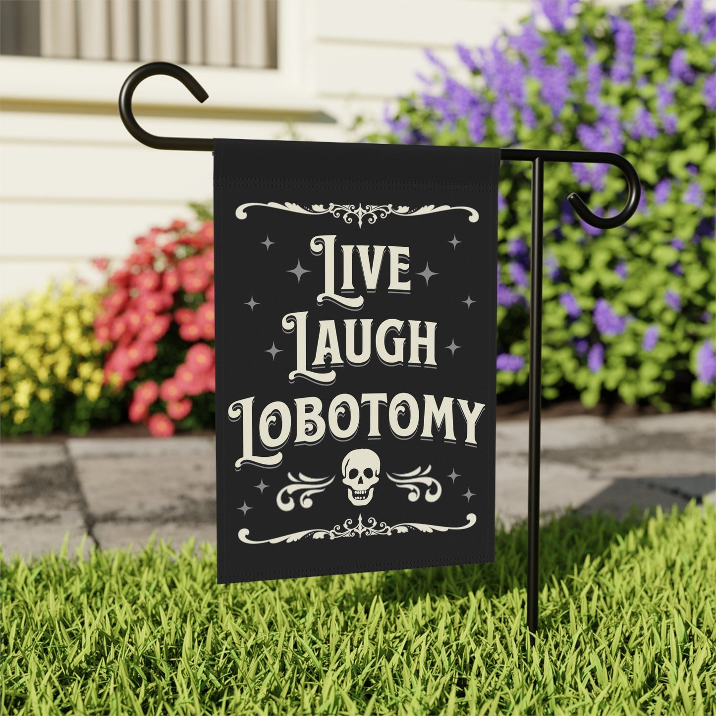 vintage halloween garden flag live laugh lobotomy gothic yard decor