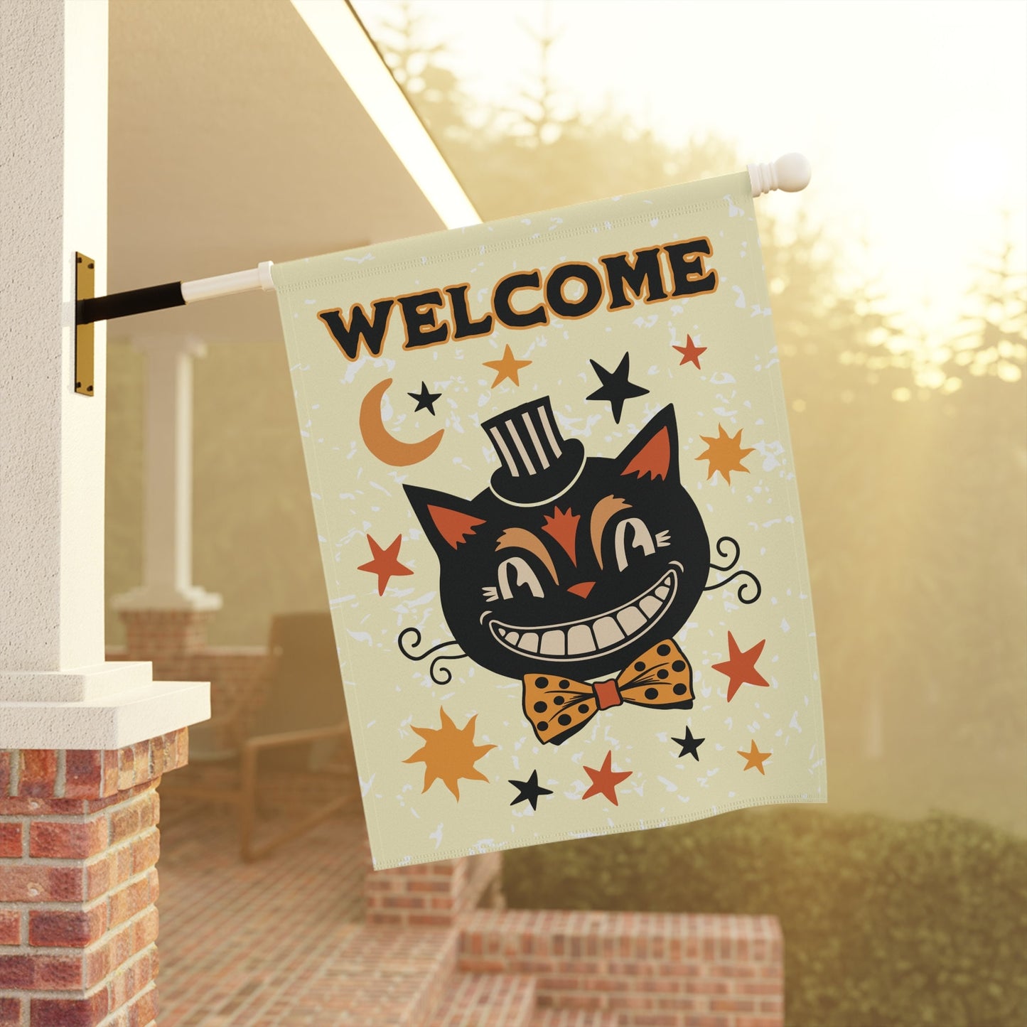 Welcome Primitive Halloween Vintage Black Cat Flag