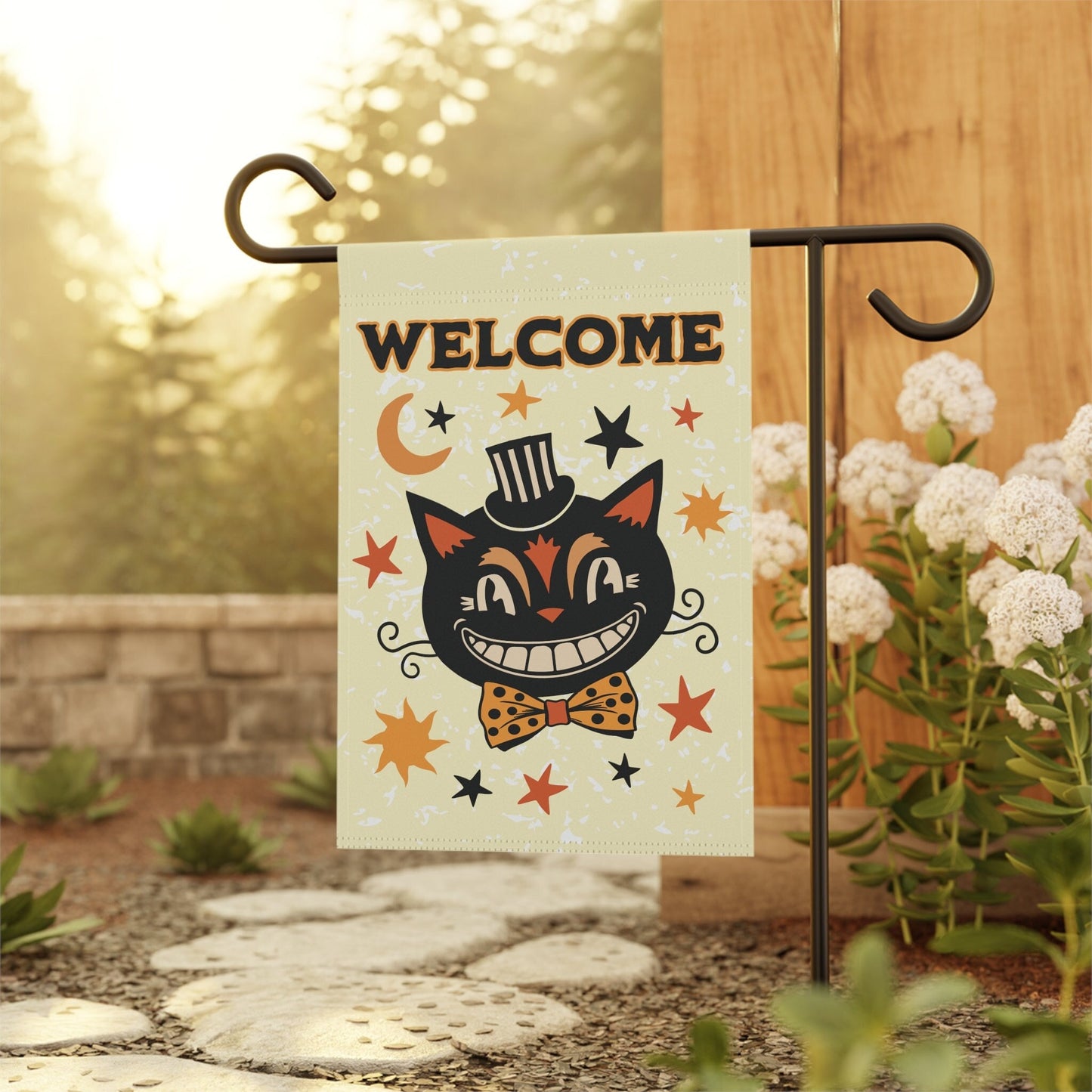 Welcome Primitive Halloween Vintage Black Cat Flag