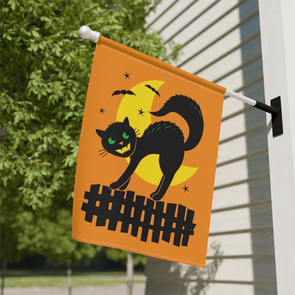 vintage halloween garden flag with black cat