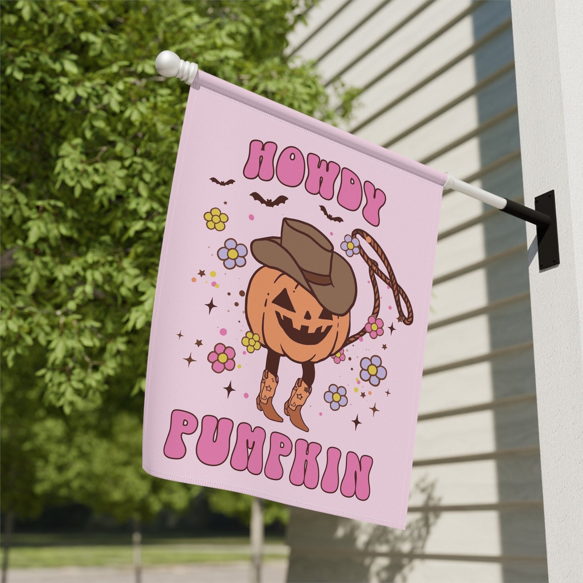 vintage halloween garden flag with cowboy pumpkin