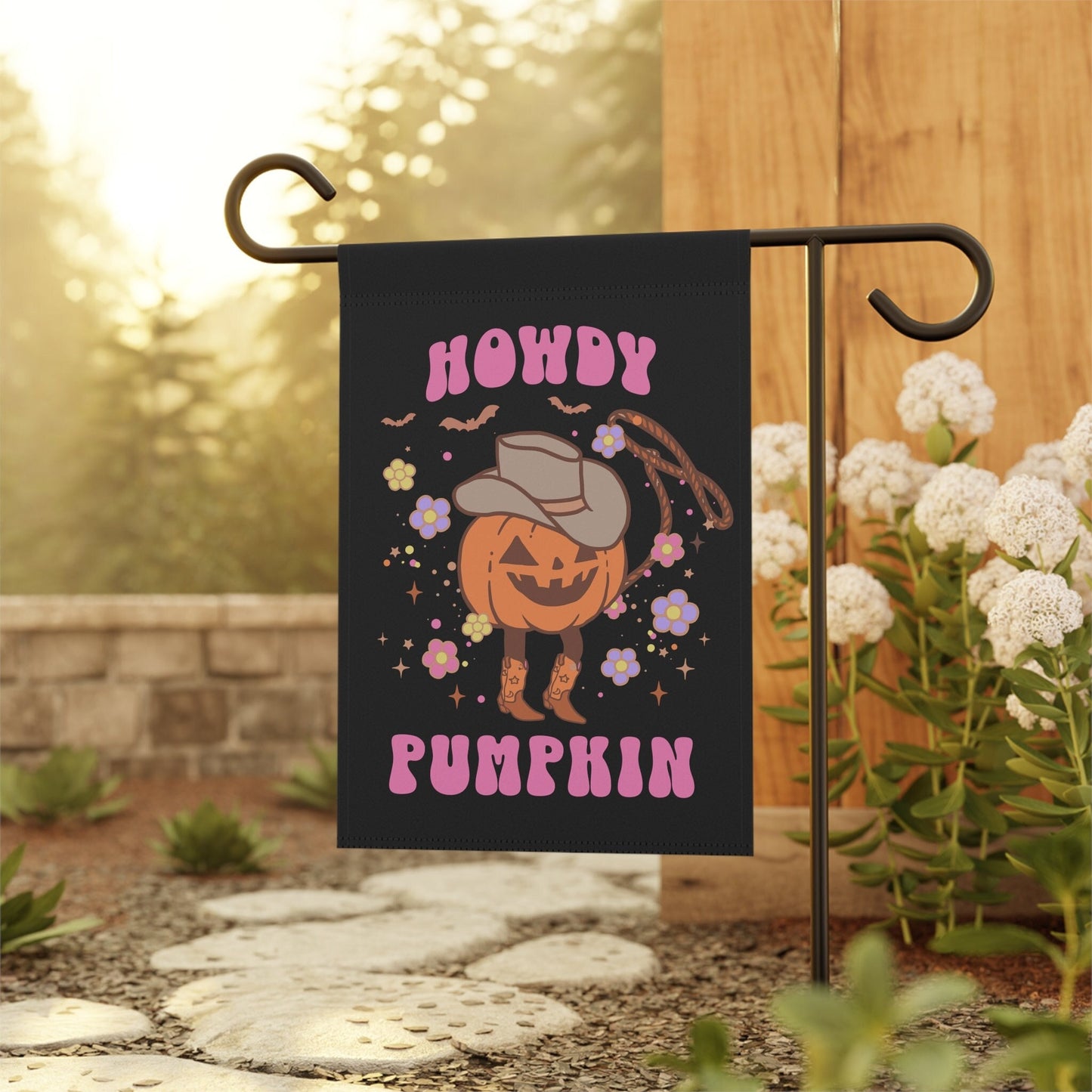 vintage halloween garden flag with cowboy pumpkin