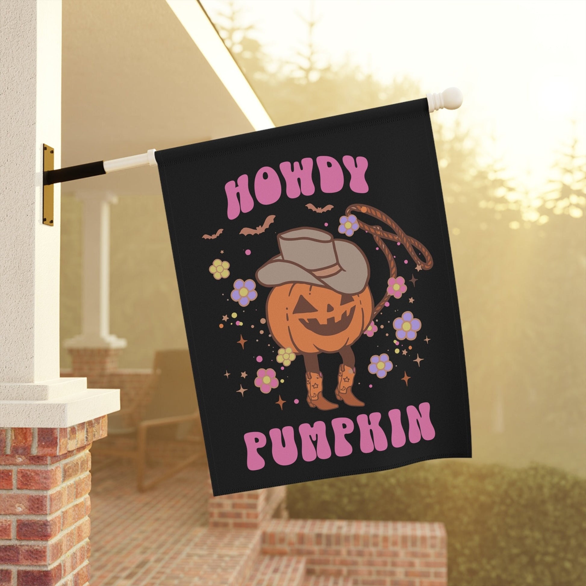 vintage halloween garden flag with cowboy pumpkin