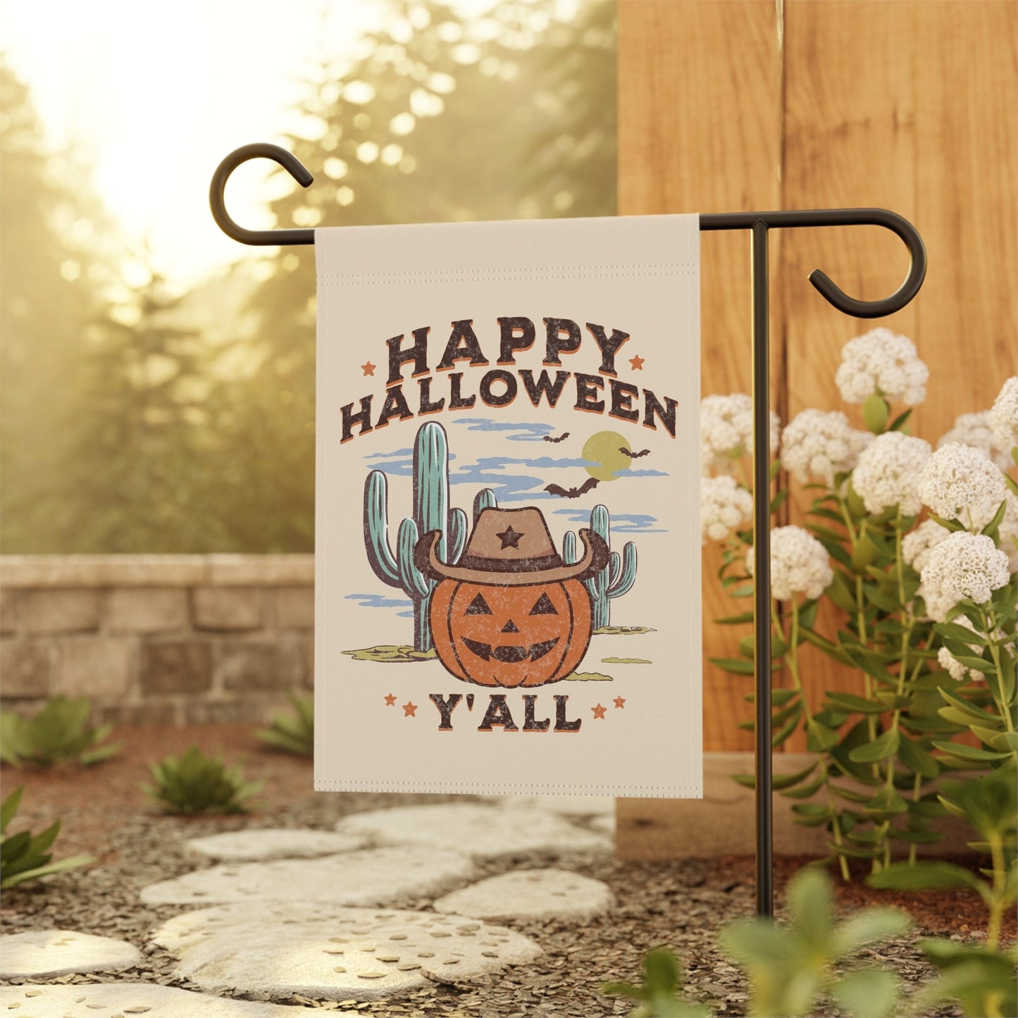 vintage halloween garden flag with cowboy pumpkin