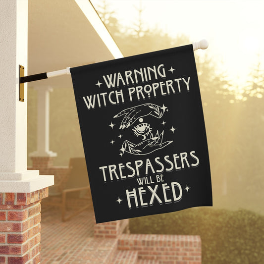 vintage halloween garden flag with witch property text