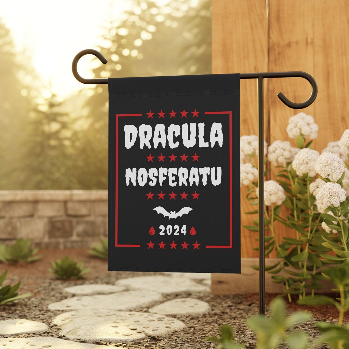 vintage halloween garden flag with gothic dracula text