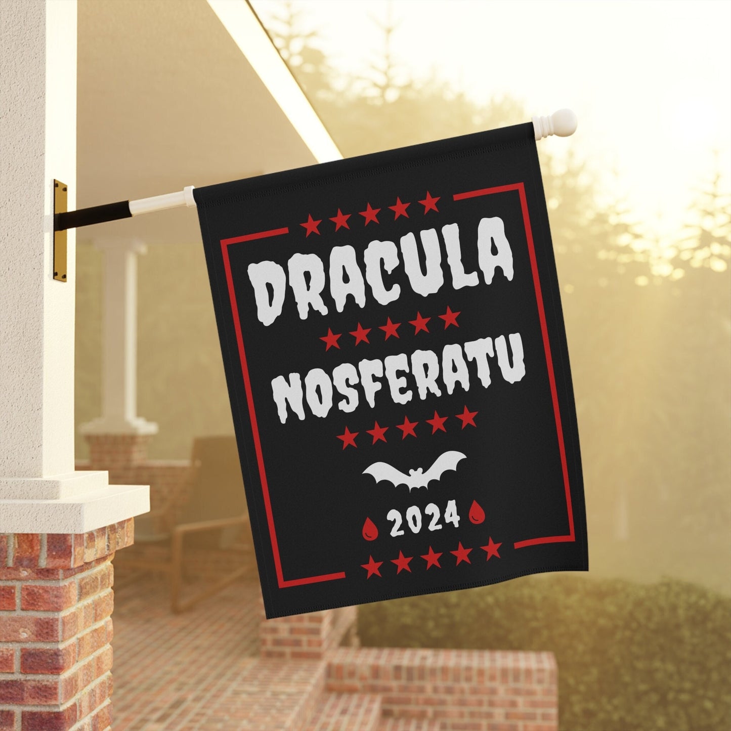 vintage halloween garden flag with gothic dracula text