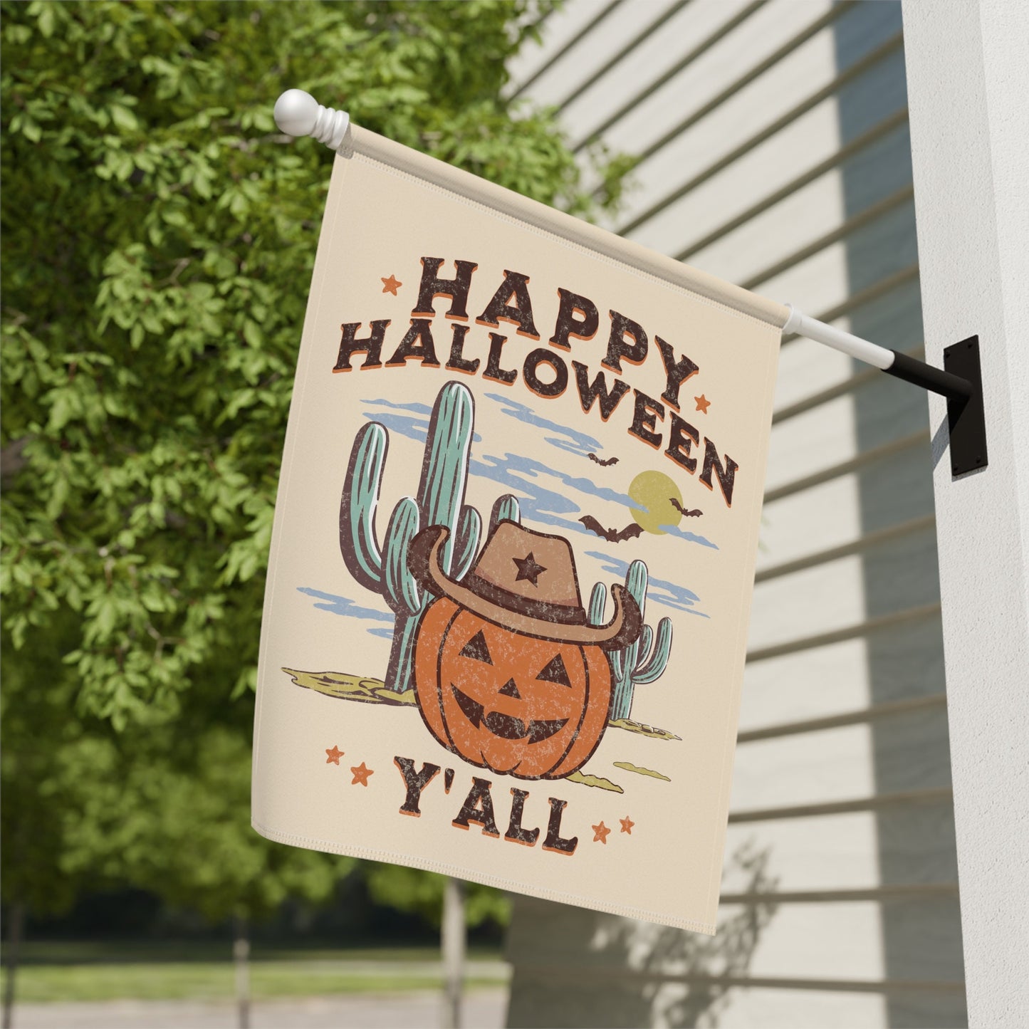 vintage halloween garden flag with cowboy pumpkin