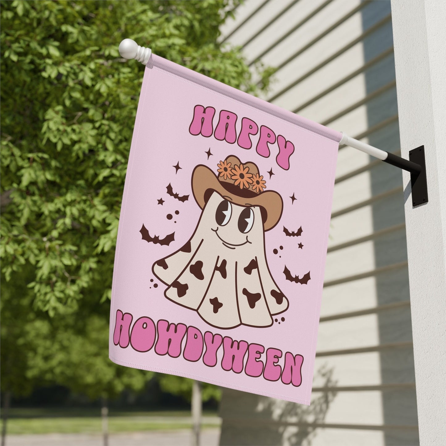 vintage halloween garden flag with cowboy ghost pink