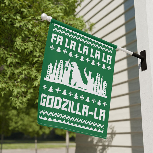 vintage christmas garden flag with godzilla ugly sweater