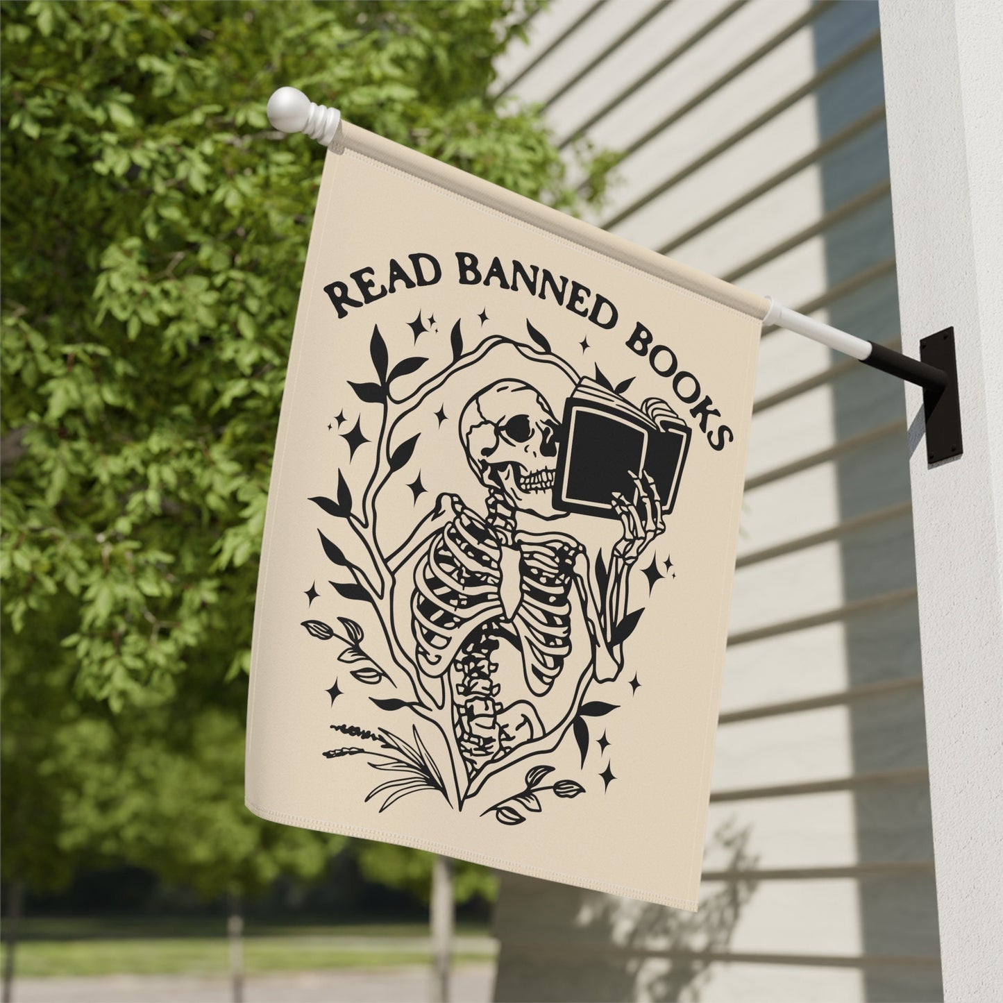 vintage halloween garden flag read banned books skeleton