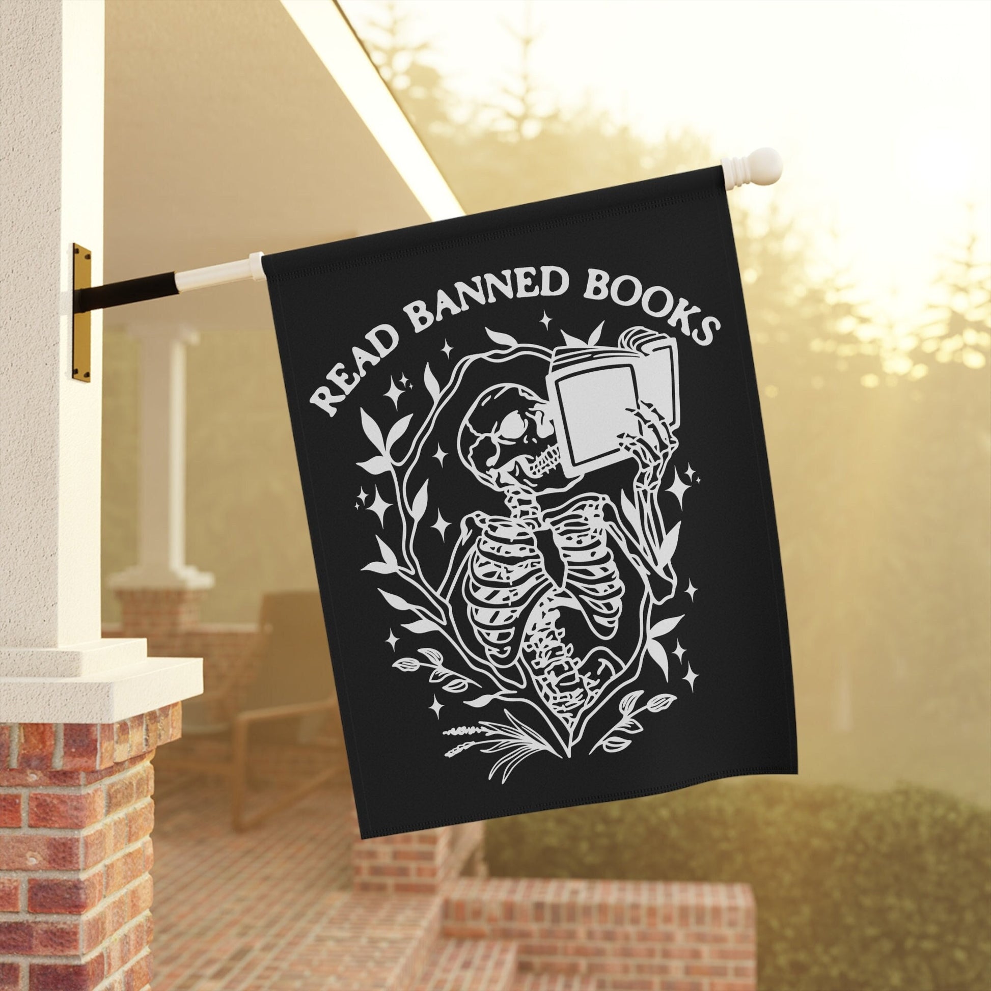 vintage halloween garden flag read banned books skeleton