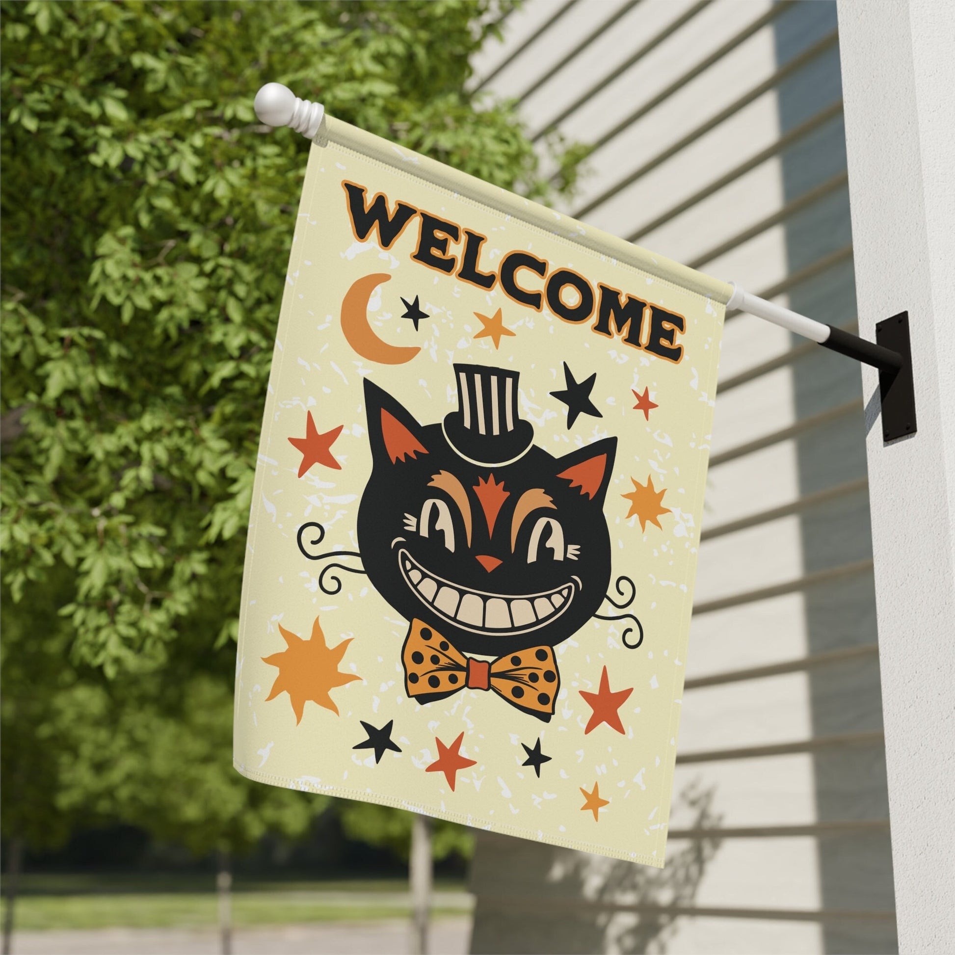 vintage halloween garden flag with black cat