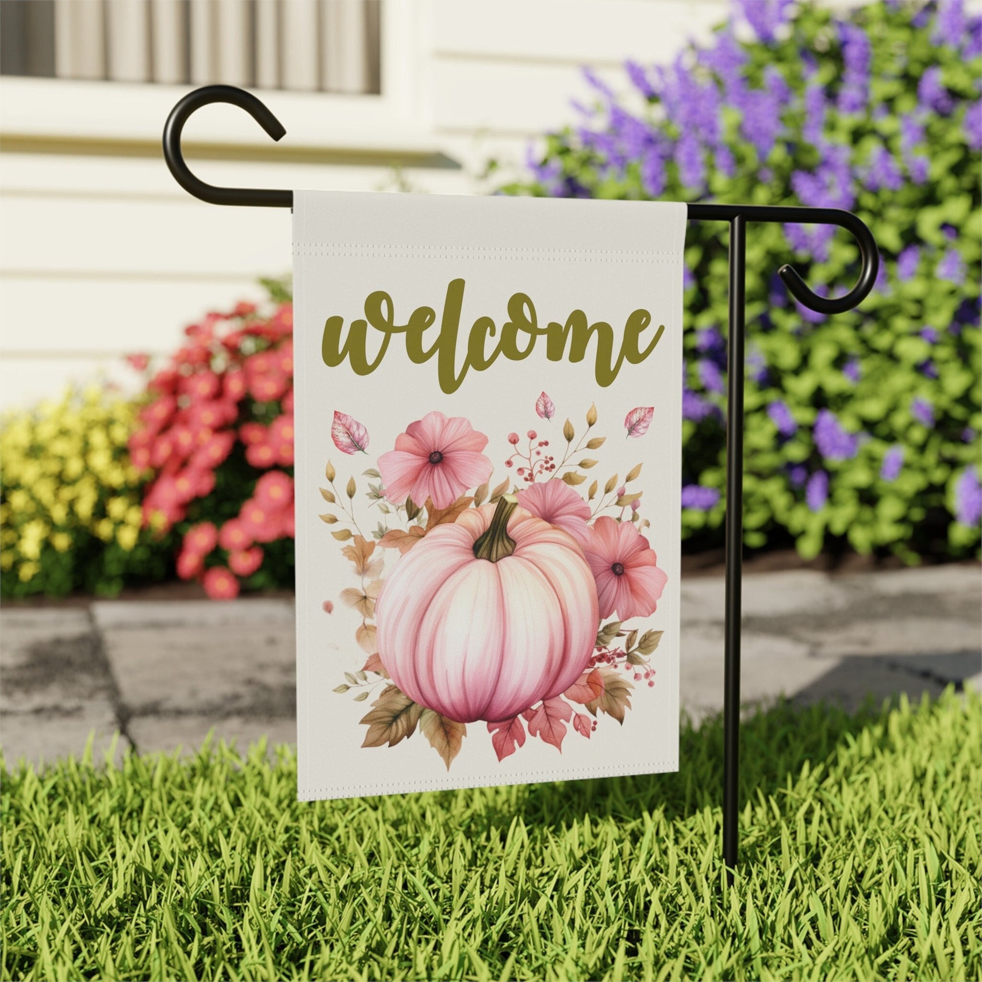 thanksgiving garden flag country pumpkins welcome pink pumpkin