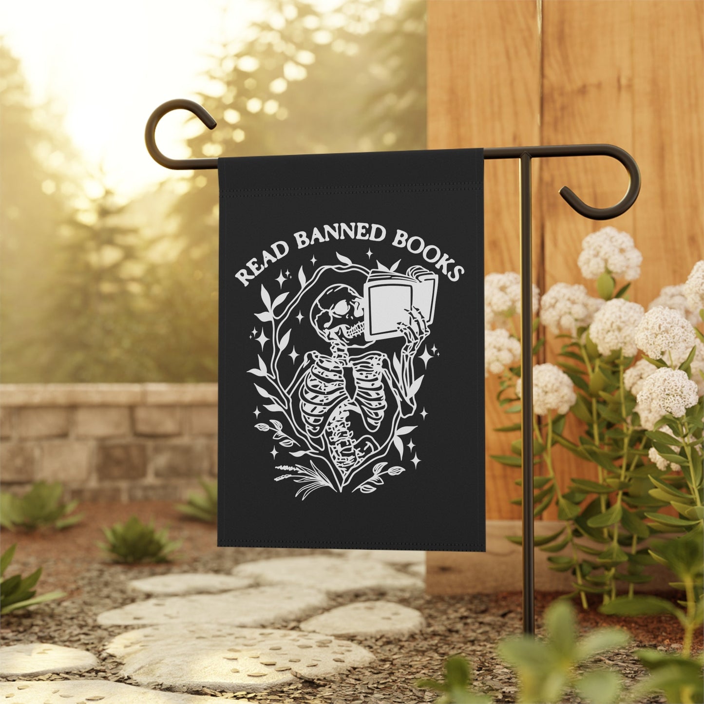 vintage halloween garden flag read banned books skeleton