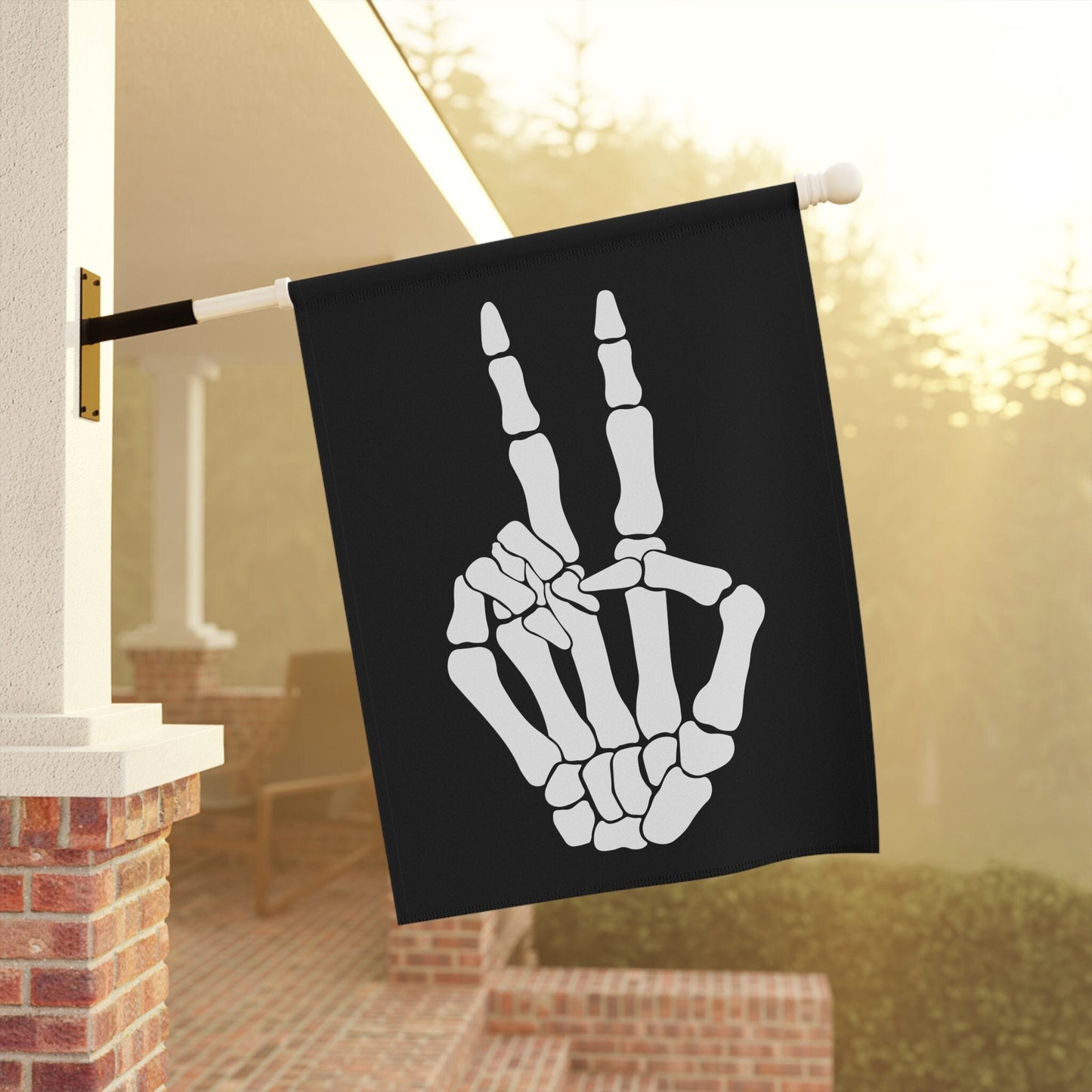 vintage halloween garden flag with skeleton peace hand