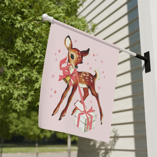 vintage christmas garden flag with pink retro reindeer