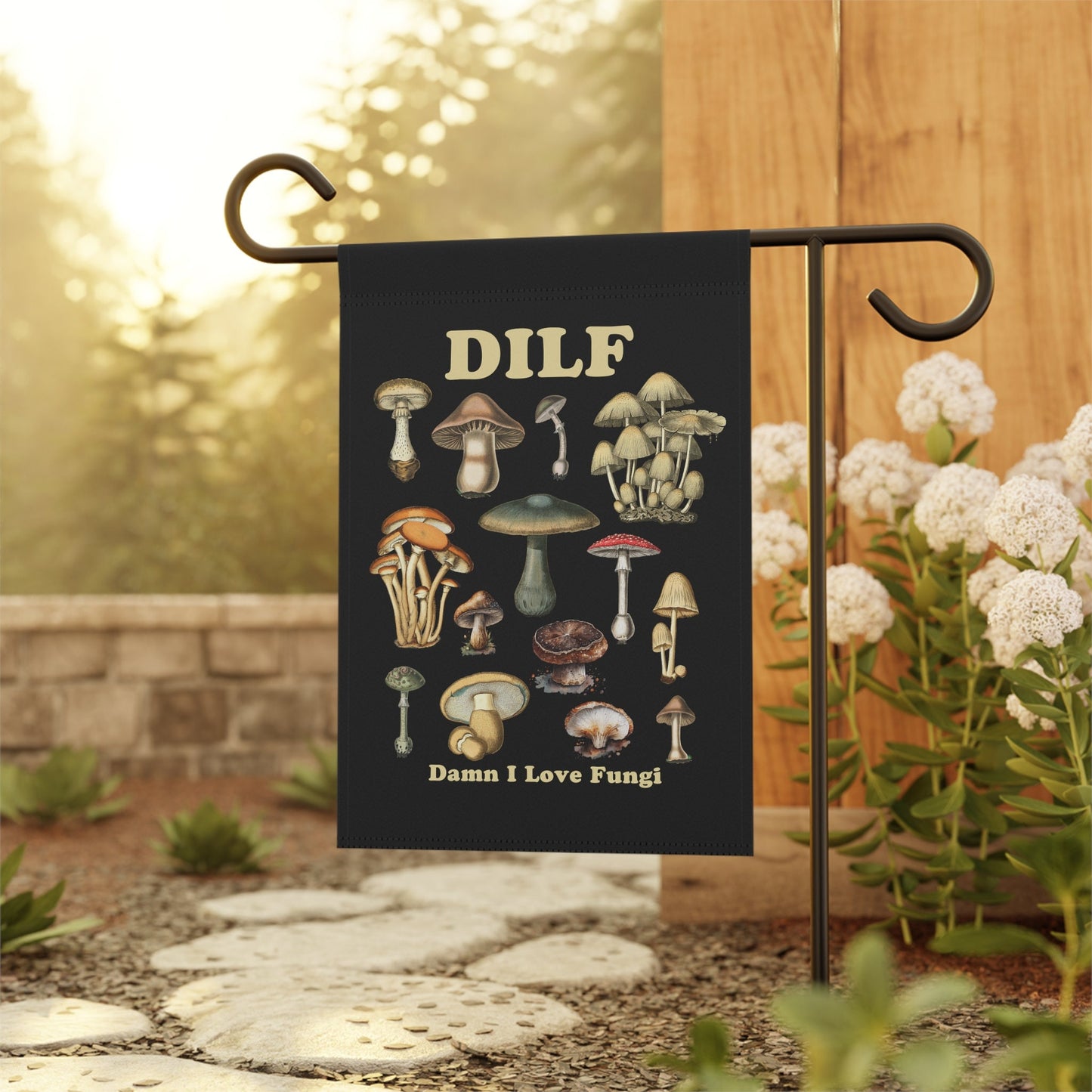 DILF Damn I Love Fungi - Black Vintage Mushroom Flag