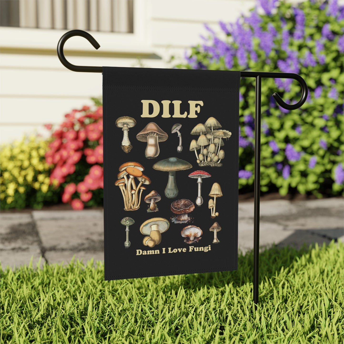 DILF Damn I Love Fungi - Black Vintage Mushroom Flag