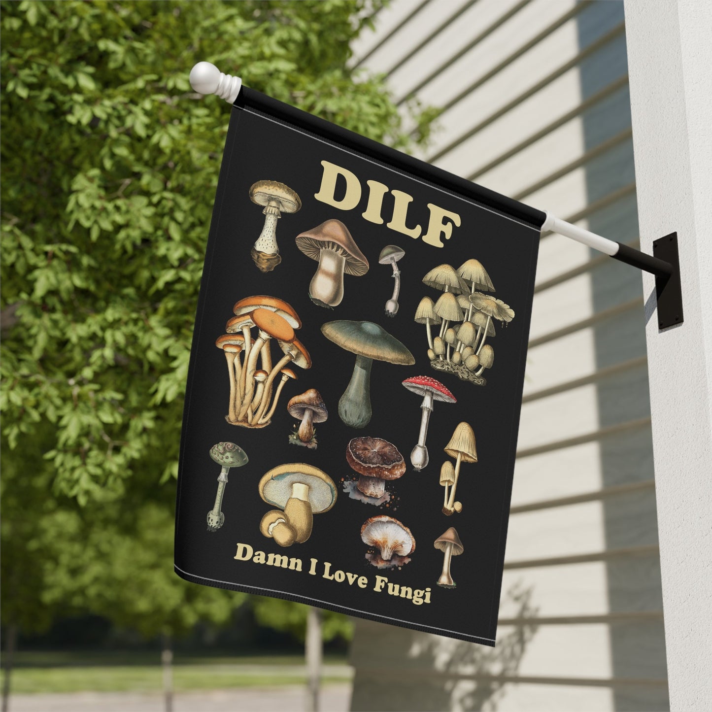 DILF Damn I Love Fungi - Black Vintage Mushroom Flag