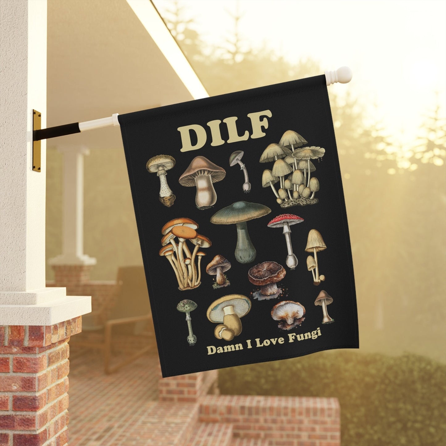 DILF Damn I Love Fungi - Black Vintage Mushroom Flag